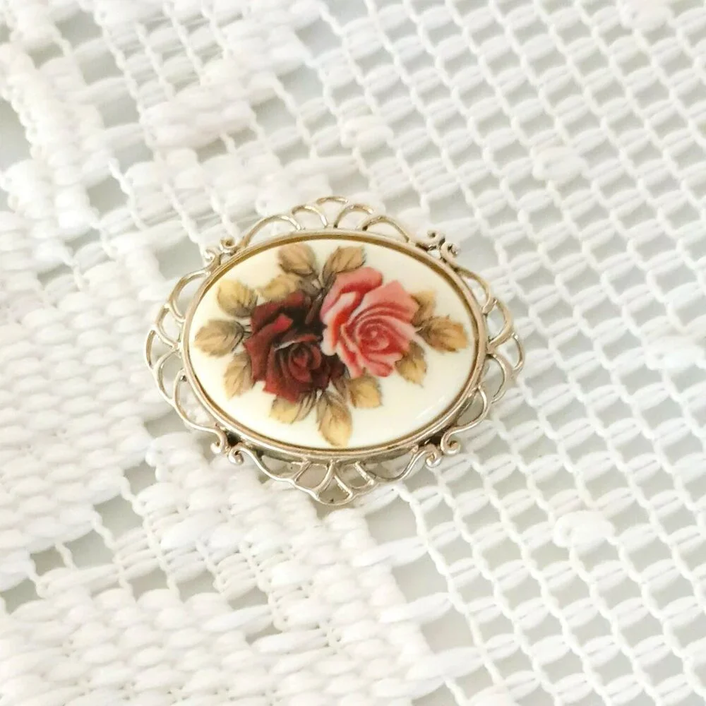Jezlaine 925 Floral Cameo Brooch Vtg Sterling Silver Filigree Oval Porcelain Pin